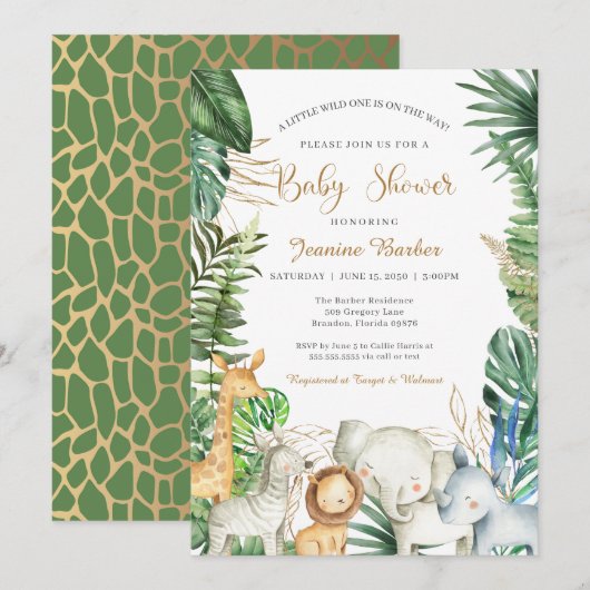 Safari Jungle Animals - Green Gold Baby Dusche Einladung (Vorne/Hinten)