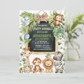 Safari Jungle Animals Greenery Birthday Einladung (Stehend Vorderseite)