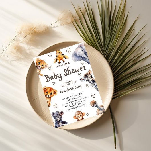 Safari Jungle Animals & Hearts Moderne Babydusche Einladung