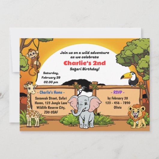 Safari Jungle Animals Niedlicher Cartoon Geburtsta Einladung (Vorderseite)