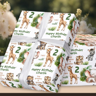 Safari Jungle Animals Zwei wilde 2. Geburtstagsnam Geschenkpapier