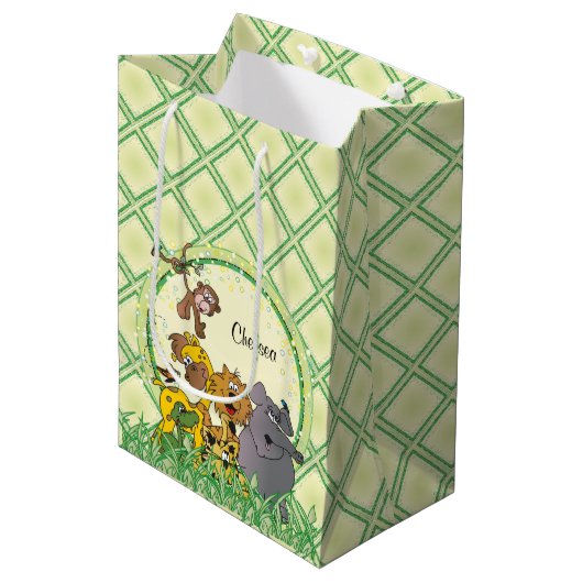Safari Jungle Baby Animals Baby Dusche Mittlere Geschenktüte (Vorderseite Schrägansicht)