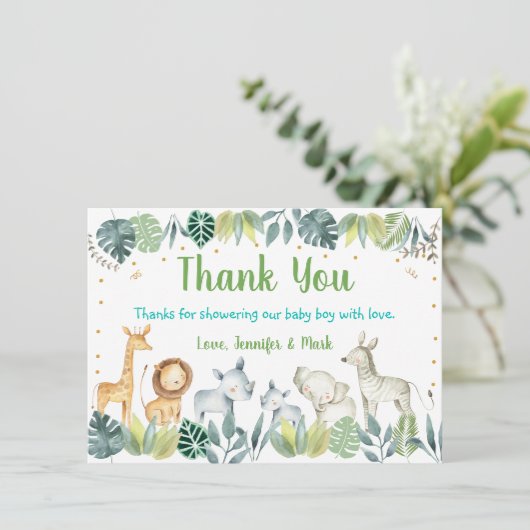 Safari Jungle Baby Dusche Vielen Dank Dankeskarte (Stehend Vorderseite)