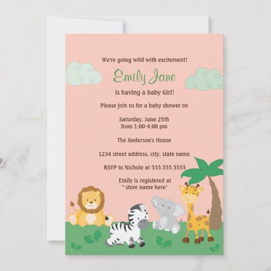 Safari Jungle Baby Girl Dusche Einladung (Vorderseite)