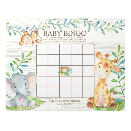 Safari Jungle Baby Shooter Bingo Game Notepad Notizblock (Vorderseite)