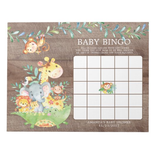 Safari Jungle Baby Shooter Bingo Game Notepad Notizblock (Vorderseite)