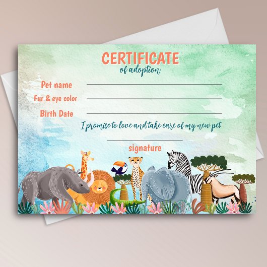 Safari jungle birthday animal adoption certificate einladung