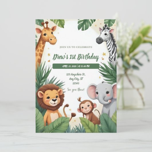 Safari Jungle Birthday Invitation Einladung (Stehend Vorderseite)
