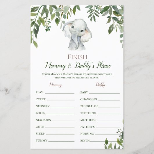 Safari Jungle Elephant Baby Shower Game PRINTED (Vorderseite)