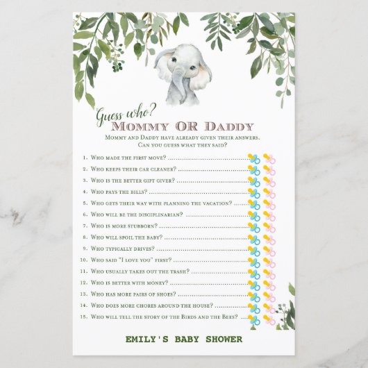 Safari Jungle Elephant Baby Shower Game PRINTED (Vorderseite)