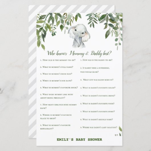 Safari Jungle Elephant Baby Shower Game PRINTED (Vorne/Hinten)