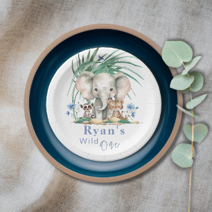 Safari Jungle Elephant Blue Blumen Geburtstag Pappteller