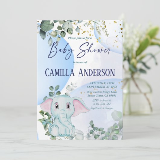 Safari Jungle Elephant Eucalyptus Blue Bubbles Einladung (Stehend Vorderseite)