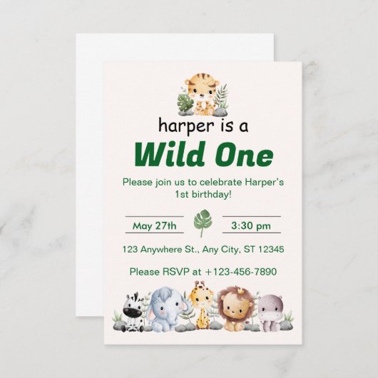 Safari Jungle First Birthday Einladung (Vorne/Hinten)