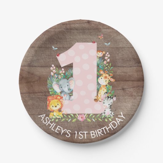 Safari Jungle Girls 1. Geburtstag 7" Plate Pappteller (Vorderseite)