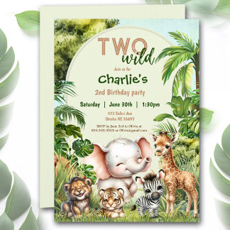 Safari Jungle Niedlicher Tiere Zwei Wilde 2. Gebur Einladung