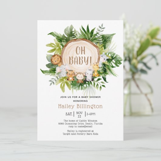 Safari Jungle Oh Baby Watercolor Babydusche Einladung (Stehend Vorderseite)