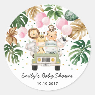 Safari Jungle Tiere Grüne Pink Balloons Baby Runder Aufkleber