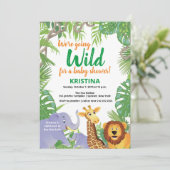 Safari Jungle Wild Animals Greenery Baby Shower Einladung (Stehend Vorderseite)