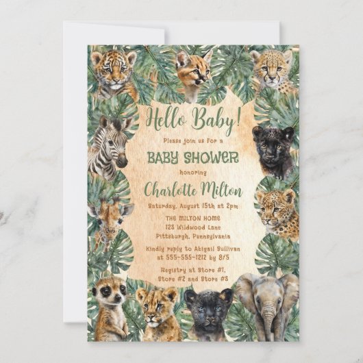 Safari Jungle Wild Animals Hallo Baby Dusche Einladung (Vorderseite)
