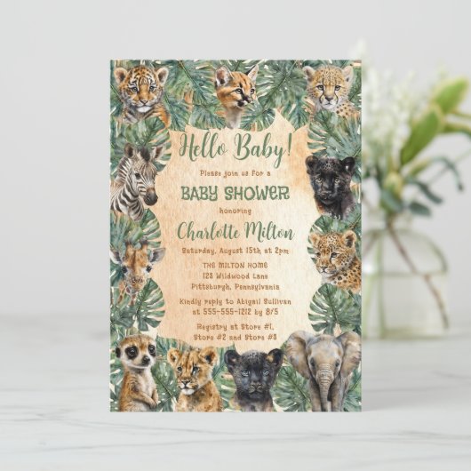 Safari Jungle Wild Animals Hallo Baby Dusche Einladung (Stehend Vorderseite)