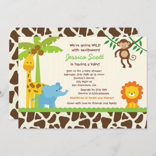 Safari Jungle Zoo Kinderdusche Einladungen (Vorne/Hinten)