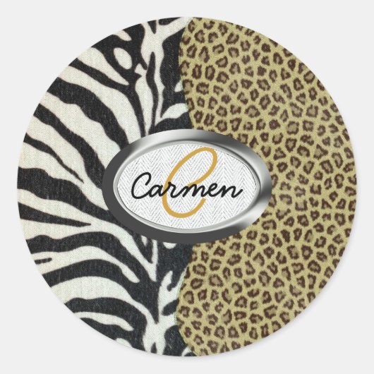 Safari Leopard und Zebra Print Monogram Runder Aufkleber (Vorderseite)