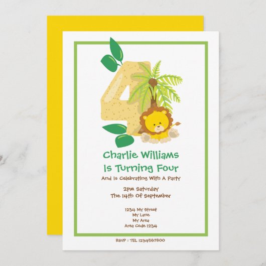 Safari Lion Vierte Geburtstagsparty Einladung (Vorne/Hinten)