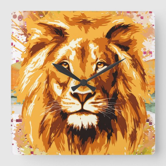 Safari Lion Wall Clock | Farbige Löwenuhr Quadratische Wanduhr (Vorderseite)
