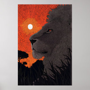 Safari-Löwen-Wandkunst, Sonnenuntergangs-Silhouett Poster