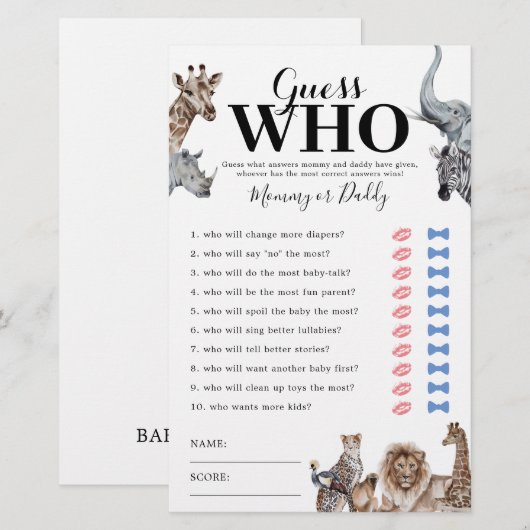 Safari Mommy oder Daddy Baby Shower Game (Vorne/Hinten)
