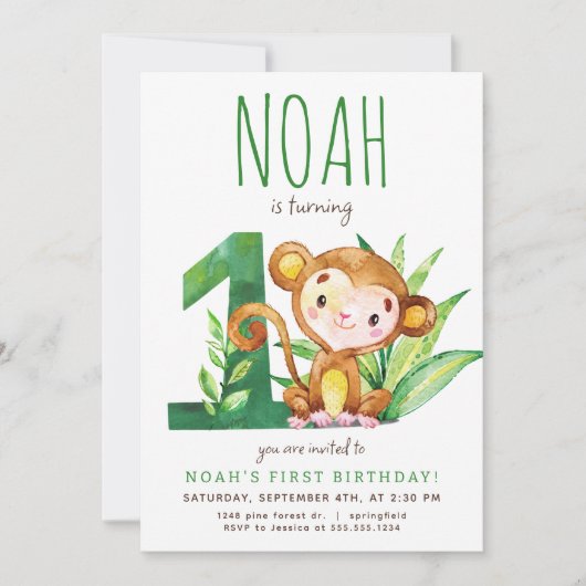Safari Monkey Einladung zum ersten Geburtstag (Vorderseite)