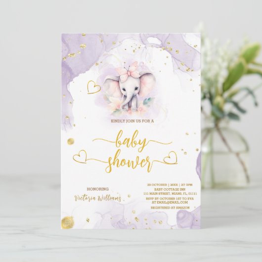 Safari Niedlich Elephant Botanical Baby Girl Dusch Einladung (Stehend Vorderseite)