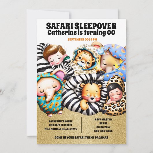 Safari-Pajama-Wildtiere - Schlummertier-Party Einladung (Vorderseite)