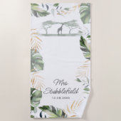 Safari Palm Verlasse Newlyweds Script Mrs. Strandtuch (Vorderseite)