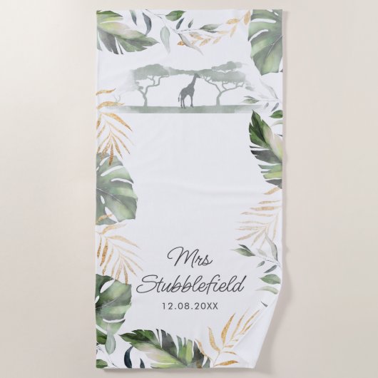 Safari Palm Verlasse Newlyweds Script Mrs. Strandtuch (Vorderseite)