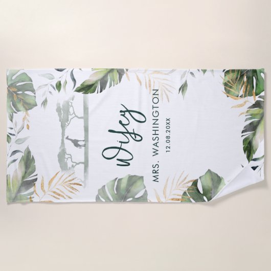 Safari Palm Verlasse Tropical Wifey Script Honeymo Strandtuch (Vorderseite)