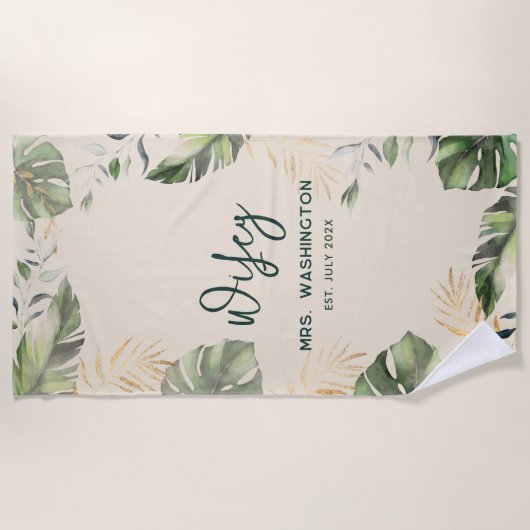 Safari Palm Verlasse Tropical Wifey Script Honeymo Strandtuch (Vorderseite)