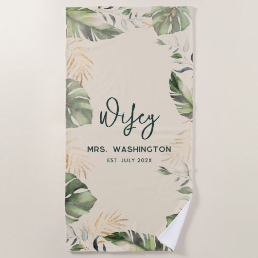Safari Palm Verlasse Tropical Wifey Script Honeymo Strandtuch (Vorderseite)