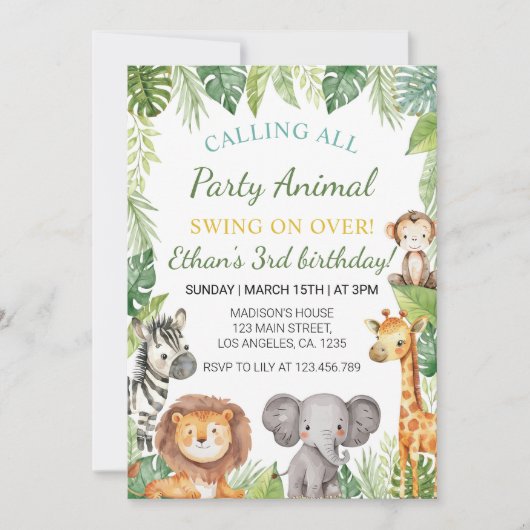 Safari Party Tiere Geburtstag Einladung (Vorderseite)