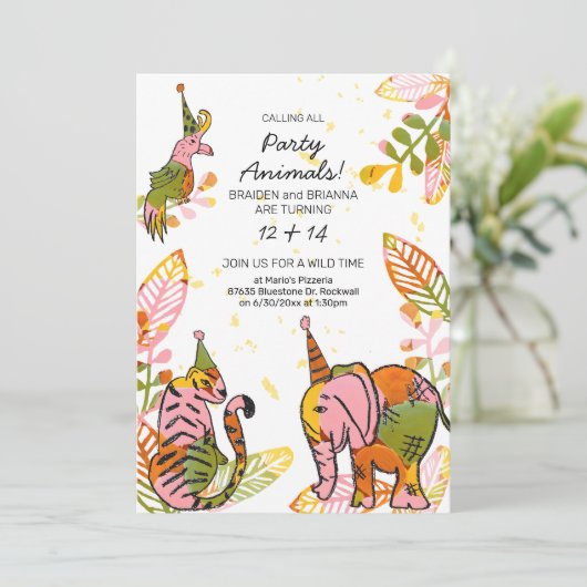 Safari Party Tiere Handgezogene Kid Joint Geburtst Einladung (Stehend Vorderseite)
