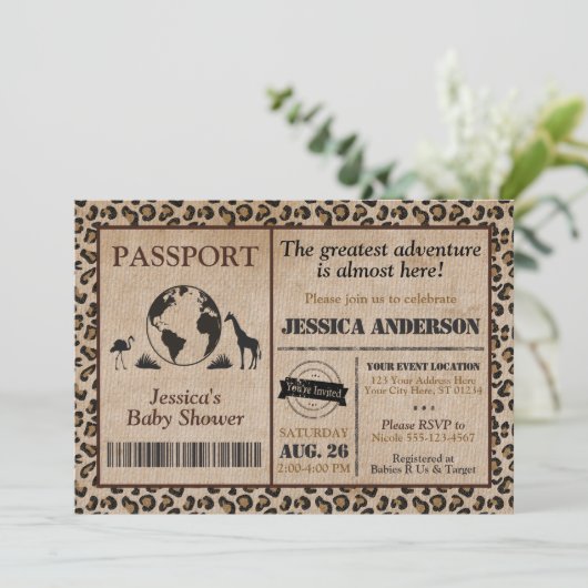 Safari Passport Baby Dusche Einladung (Stehend Vorderseite)