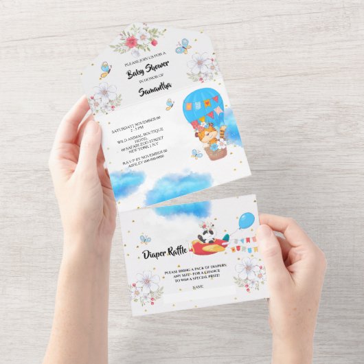 Safari-Pilot-Tiere Heißluftballon Dschungel Party All In One Einladung (Abreißen)