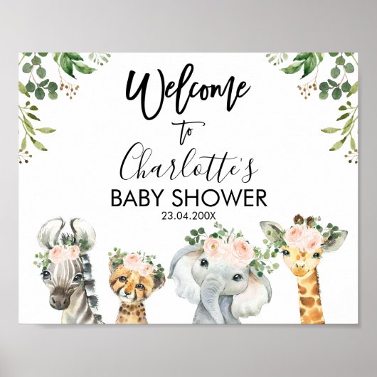 Safari Pink Floral Baby Dusche Willkommenspender Poster (Vorne)