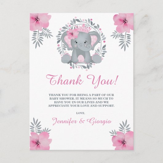 Safari Pink Floral Elephant Baby Dusche Vielen Dan Postkarte (Vorderseite)