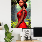 Safari Queen: Majestic African Women Red Feathers Poster (Heimbüro)
