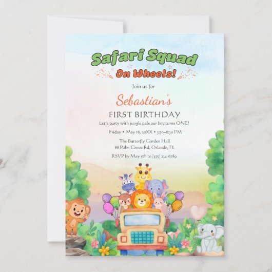 Safari Ride Theme – Wild One 1st Birthday Baby Boy Einladung (Vorderseite)