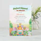 Safari Ride Theme – Wild One 1st Birthday Baby Boy Einladung (Stehend Vorderseite)