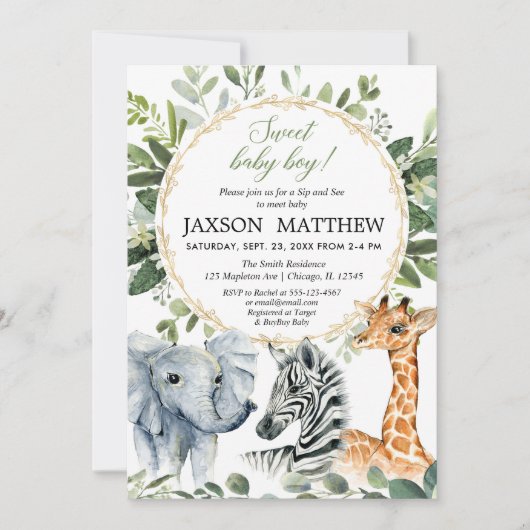 Safari Sip and See, Meet Baby Boy Dschungel Thema Einladung (Vorderseite)