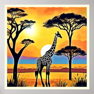 Safari-Sonnenuntergang: Umarmung der Giraffe Poster